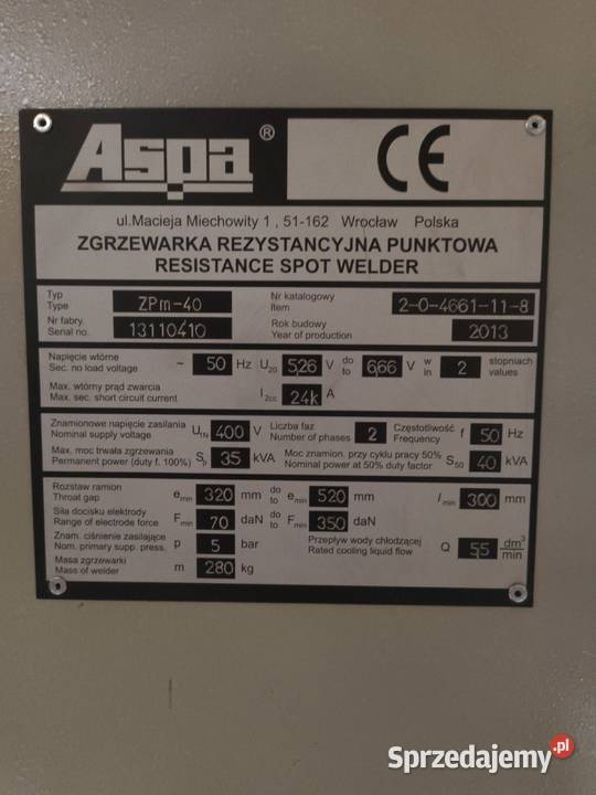 Zgrzewarka punktowa ASPA ZPm40 Chiller do wody łódzkie Bełchatów sprzedam