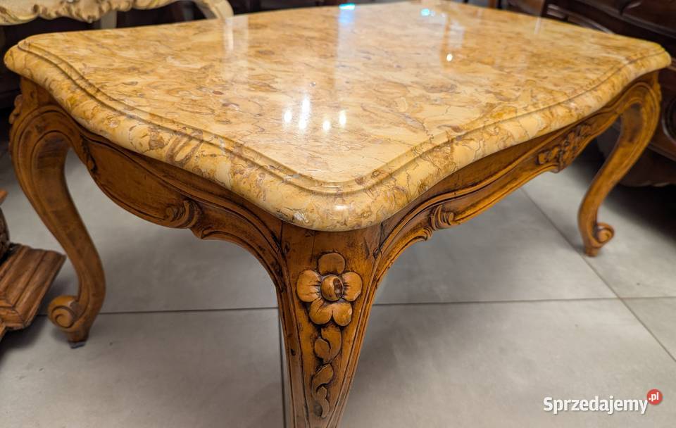Piękny dębowy stolik ludwikowski z marmuremsklep śląskie Dąbrowa Górnicza