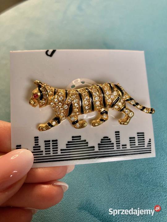 Nowa unikatowa złota broszka kot tygrys vintage Nisko