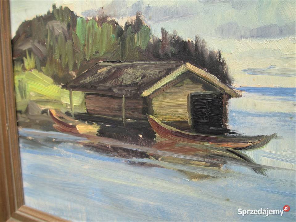 Obraz olejny Przystań Szwecja lata 70 Antyki, Sztuka, Kolekcje