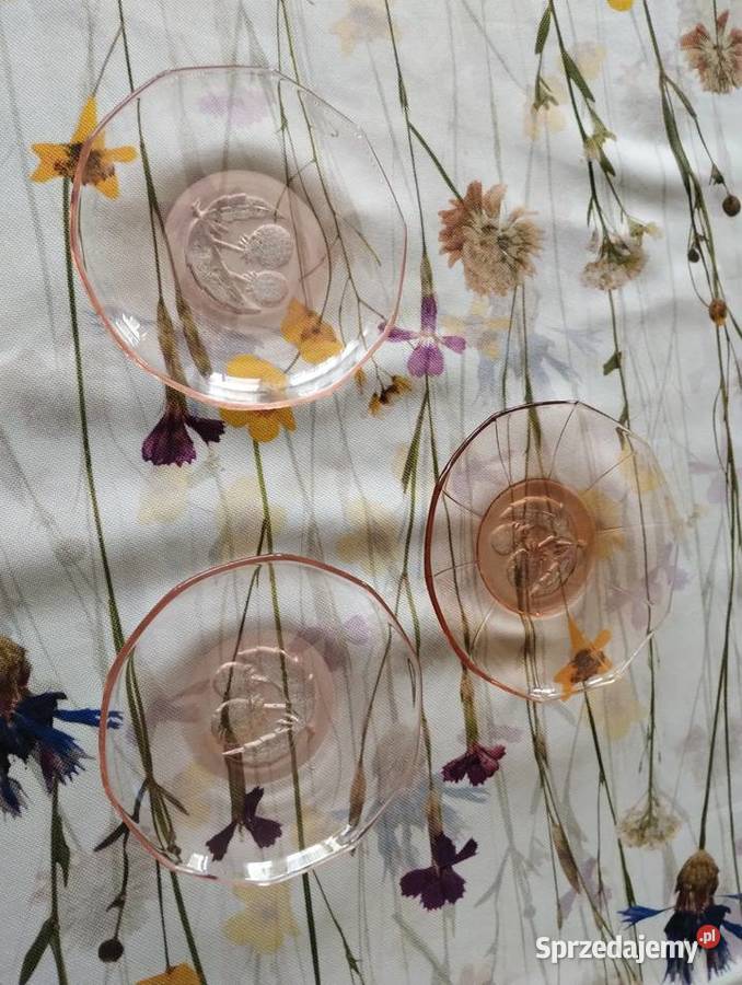 PRL talerzyki deserowe malina Hortensja art deco łódzkie