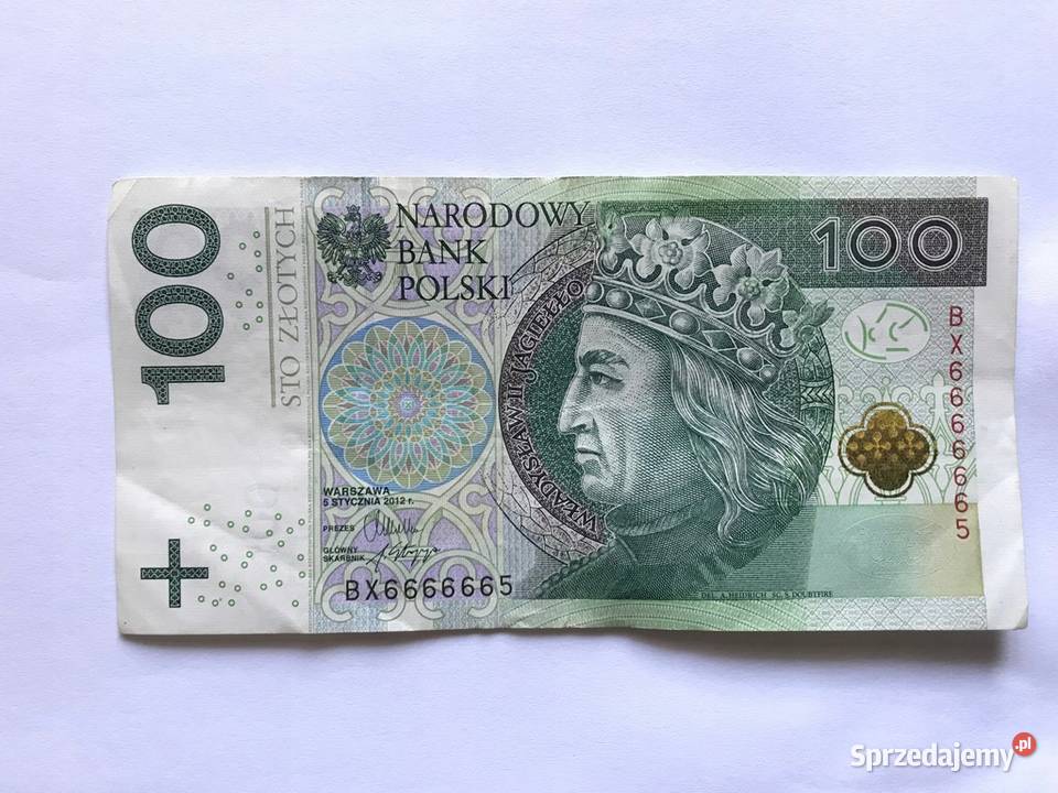 Banknot 100 o numerze BX6666665 Opole