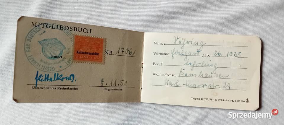 Legitymacja Gesselschaft f DeutscheSowjetische Koźminek