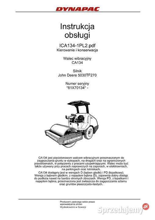 Instrukcja DTR walec DYNAPAC CA134 Brzesko