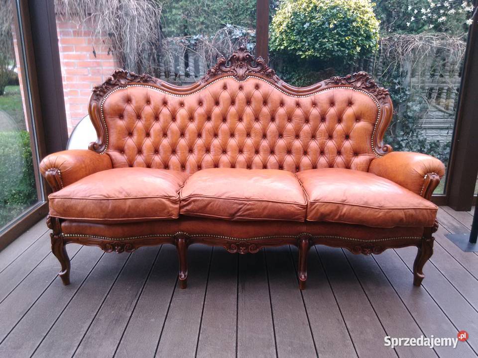 Sofa LudwikBarok Rzeźbiona Skóra Antyk łódzkie