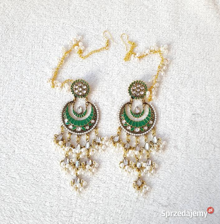 Długie kolczyki zielony złoty kolor indyjskie Szczecin