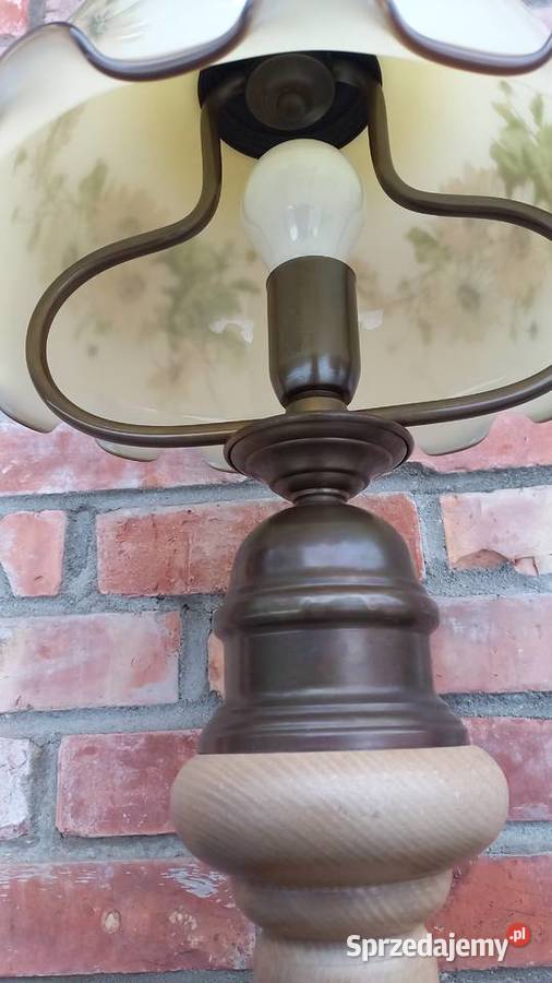 Lampka drewniana mosiężna metalowa ze szklanym Gawroniec