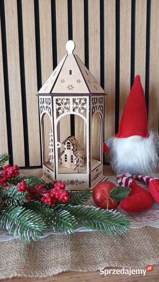 Lampion świąteczny LED z drewnianą scenką łódzkie Bełchatów