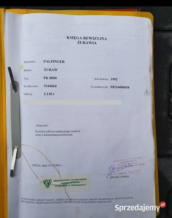 Dokumenty książka Dozór UDT ŻURAW Hds Palfinger opolskie