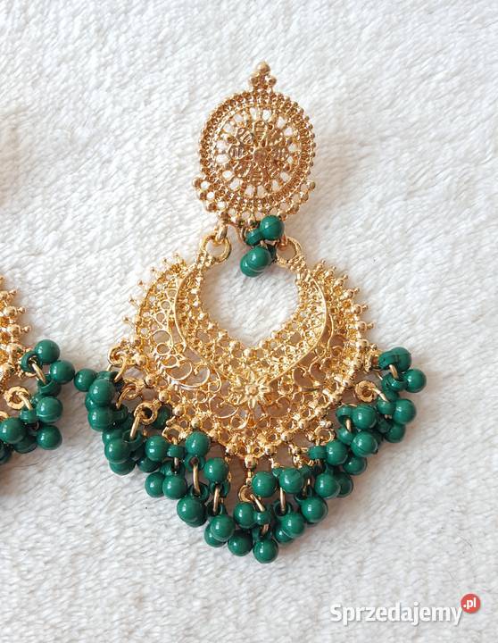 Duże kolczyki złoty kolor zielone koraliki Kolczyki Szczecin