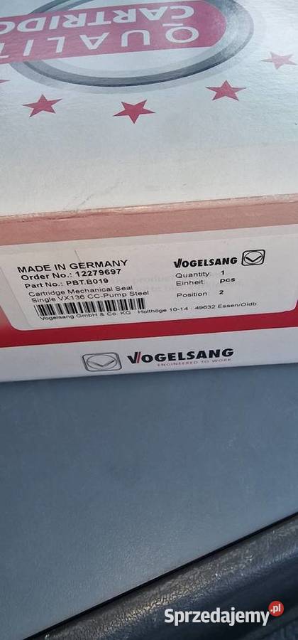 Uszczelnienie kasetowe pompy firmy Vogelsang VX Gliwice sprzedam