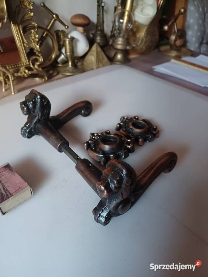 Komplet piekne klamki z głową lwa i szyldy