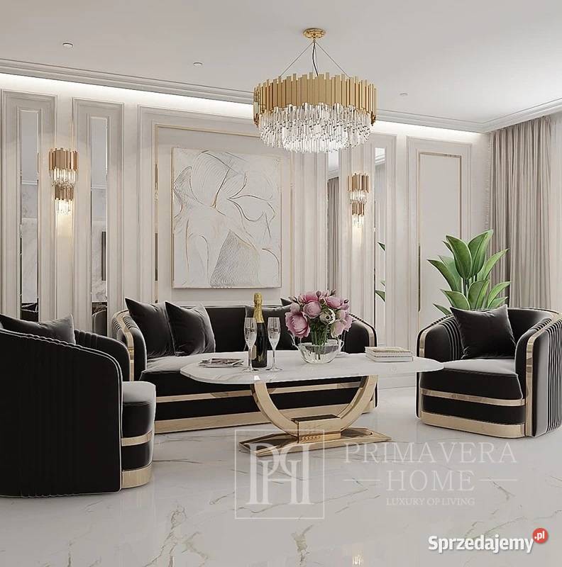 Ekskluzywna sofa czarna 3 osobowa złota kanapa 210cm Warszawa