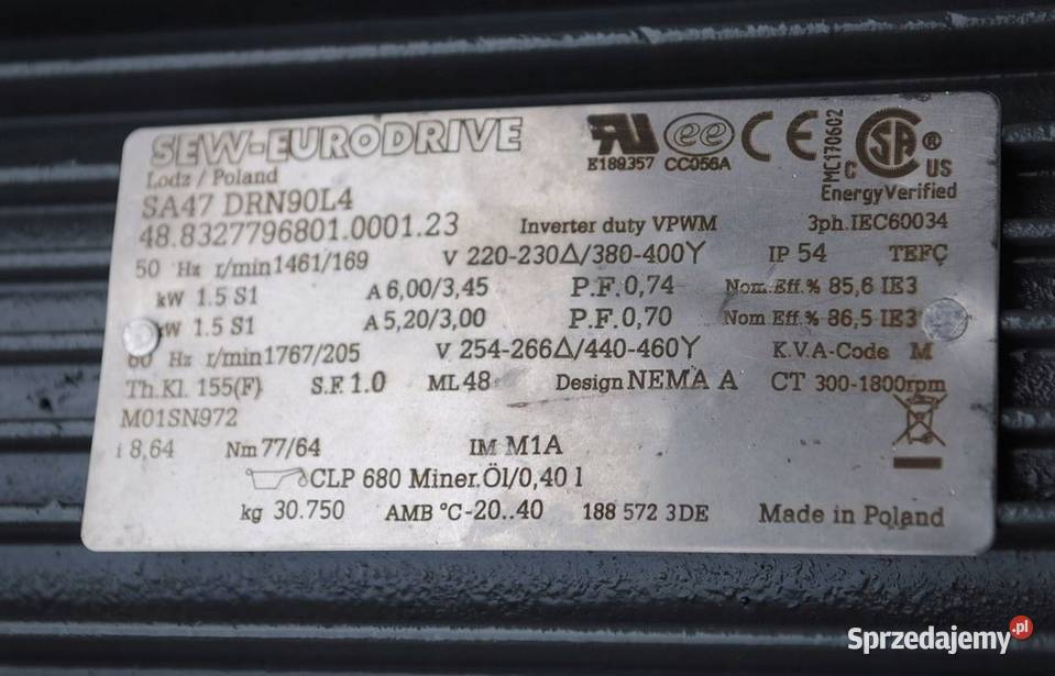 Motoreduktor kątowy 15kw 169obrmin SEW Kargowa