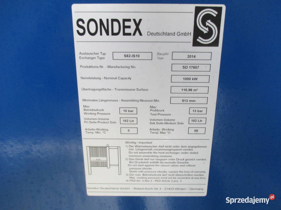 Sondex Wymiennik płytowy 1000kW S62IS10 Pozostałe Brzeg