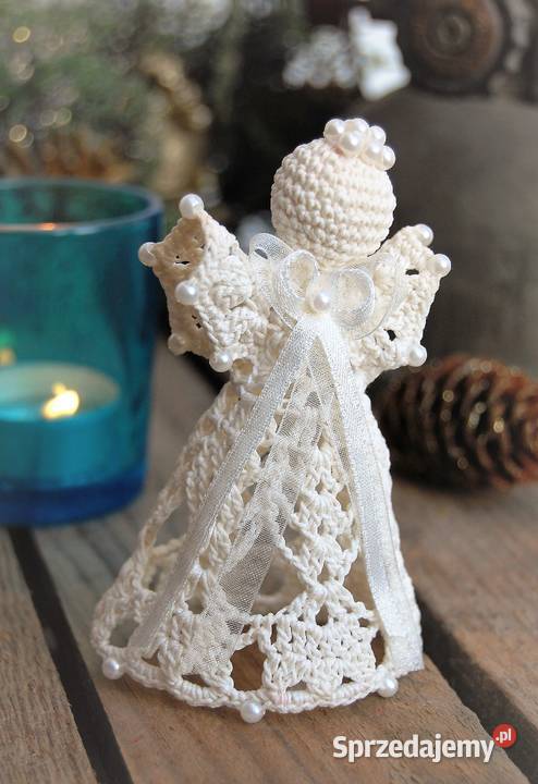 Aniołek szydełkowy z perełkami ecru kremowy 10 sprzedam