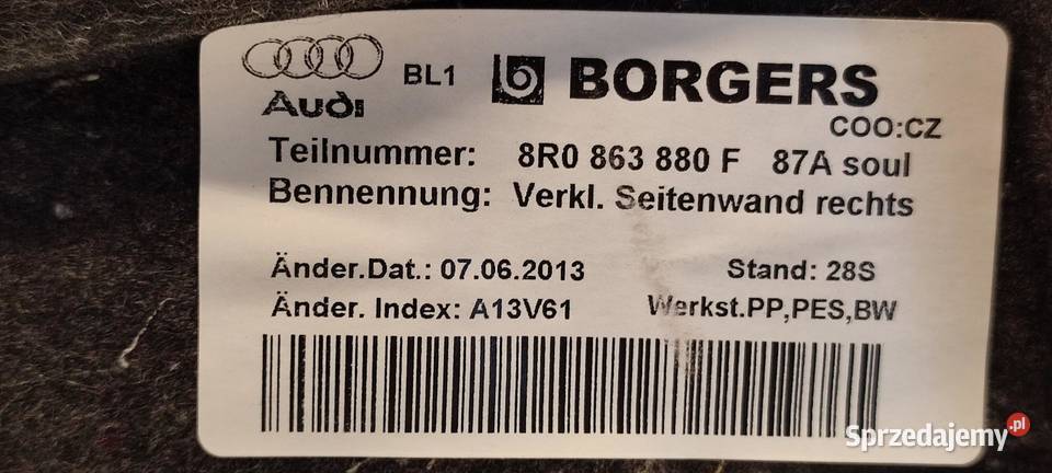 AUDI A4 B8 A5 8T Q5 BOCZEK BAGAŻNIKA PRAWY osobowe