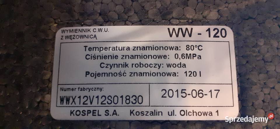 Kospel podwójną wężownicą cwu WW120 grzałk Warszawa