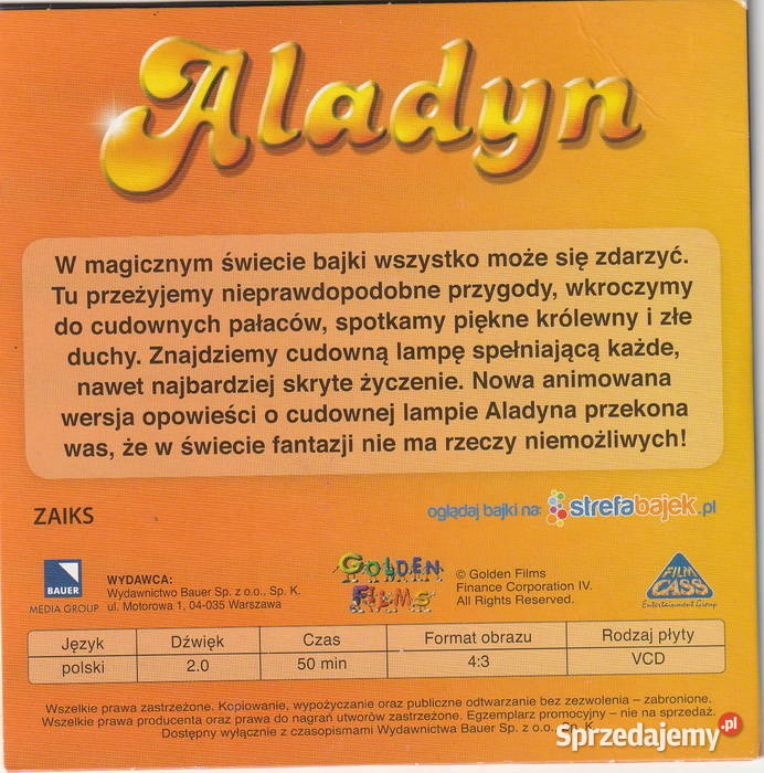 VCD Najpiękniejsze bajki ALLADYN dubbing Rzeszów sprzedam
