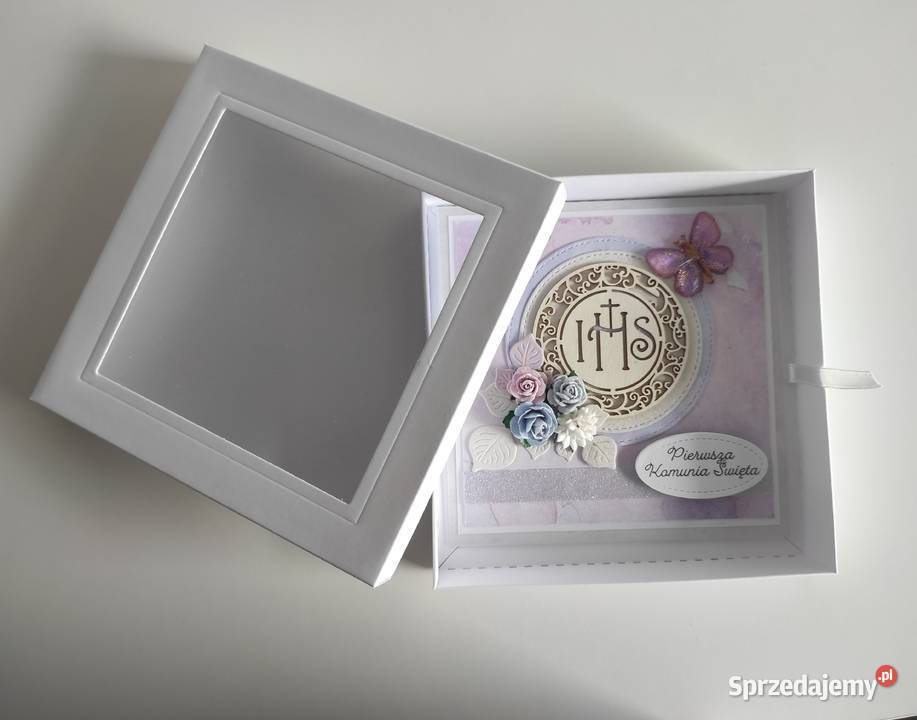 Kartka w pudełku ręcznie robiona na Komunię Łódź