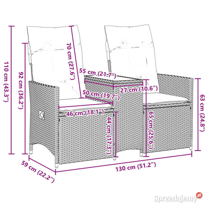 Rozkładana sofa ogrodowa ze stolikiem 2os brąz Warszawa sprzedam