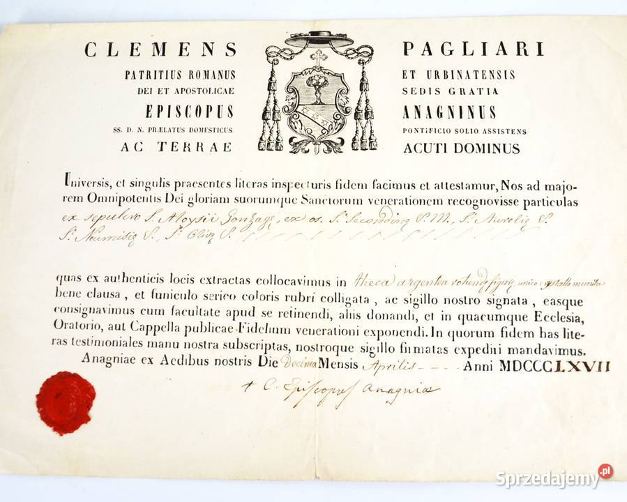 Certyfikat relikwii z 1867r wystawił Biskup sprzedam