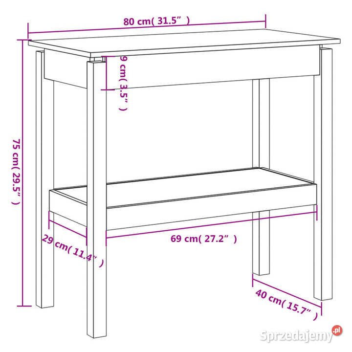 Stolik konsolowy biały 80x40x75 lite drewno