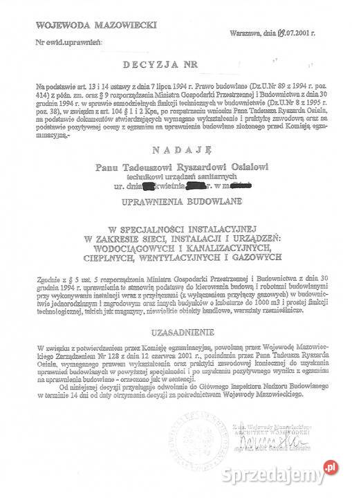 Kierownik budowy inst gazowych w domkach Łomianki