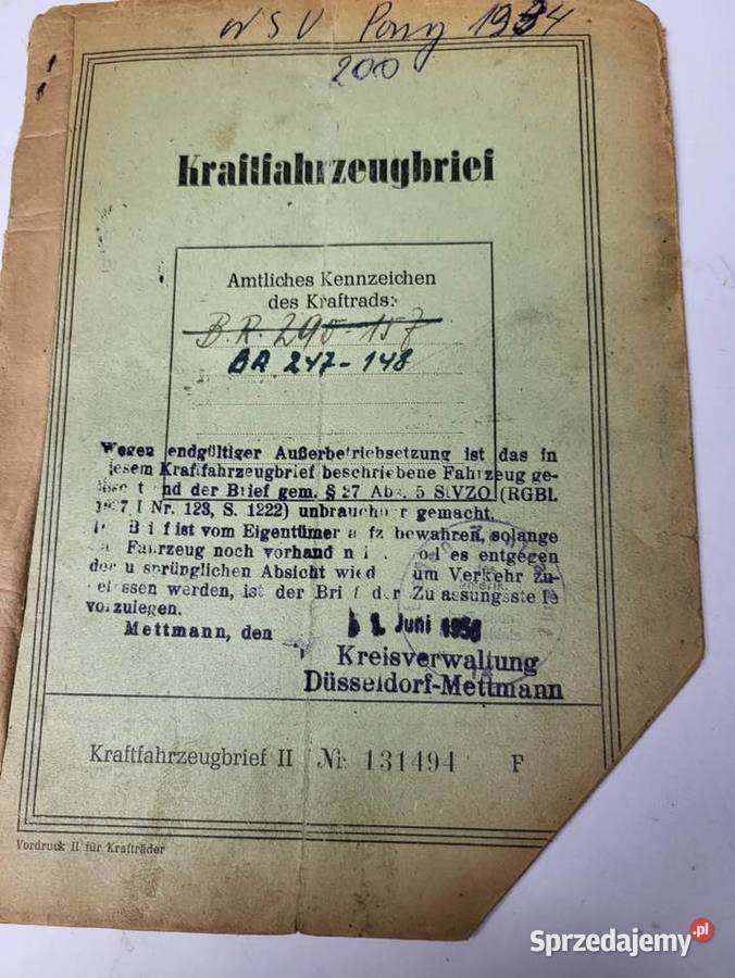 DOWÓD REJSTRACYJNY BRIF NSU PONY 1934 śląskie Rybnik