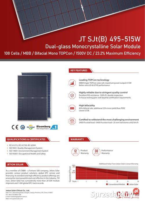 Panel fotowoltaiczny Jetion 510W NType TOPCon Panele fotowoltaiczne