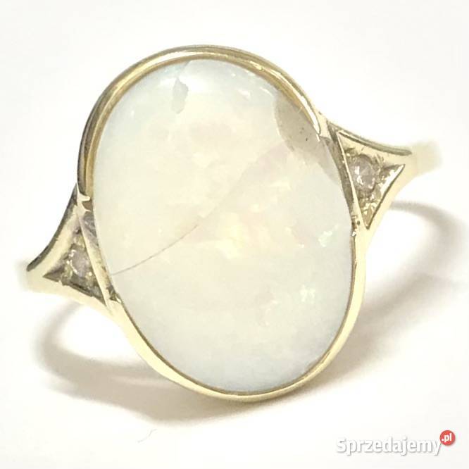 Złoty pierścionek 585 14K z opalem duży biały