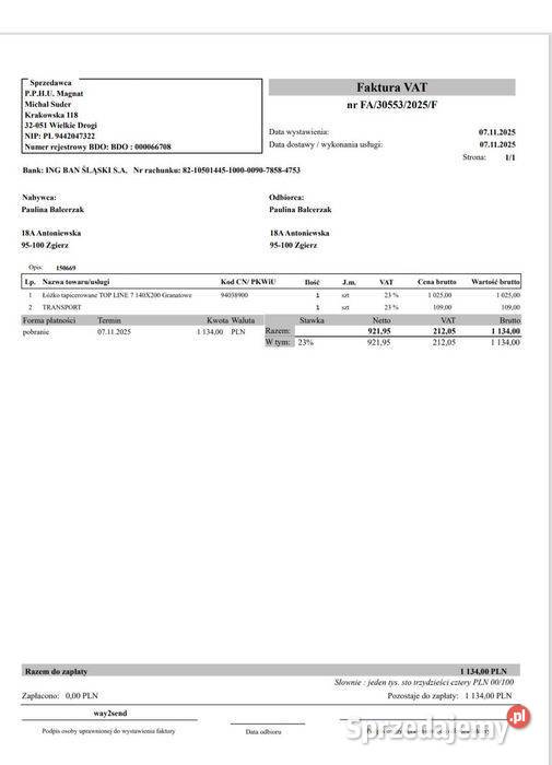 Sprzedam łóżko do sypialni Zgierz