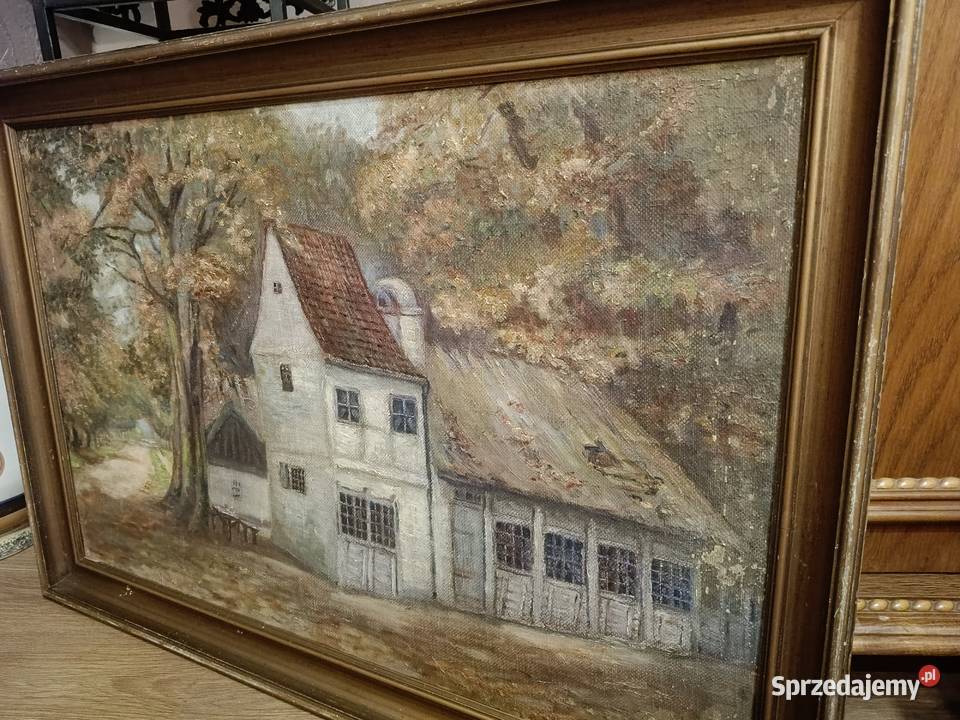 Stary obraz olejny na płótnie Sielankowy pejzaż Dom i Ogród Lipno