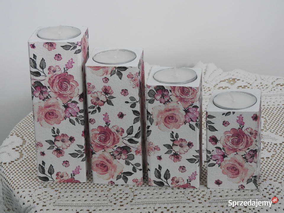 Świeczniki zestaw drewniane decoupage handmade Bytom