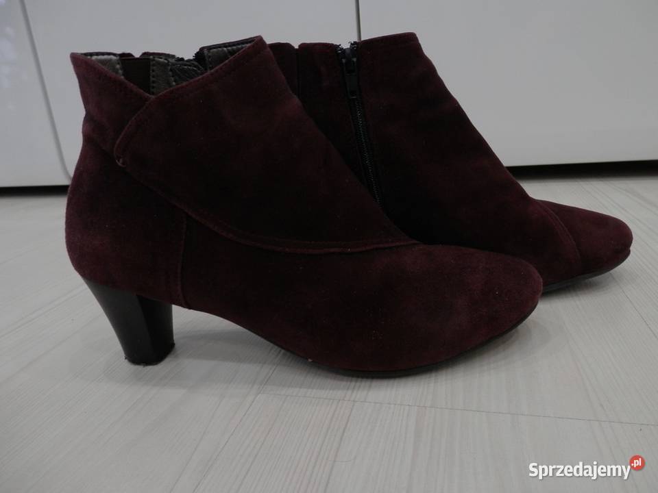 Buty Botki Skórzane Burgundowe na Obcasie Łomża