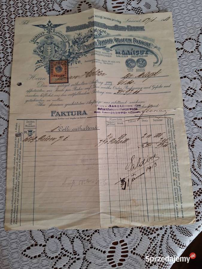 fabryka wódek w Łańcucie 1913 r rachunek z Łańcut