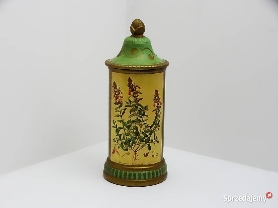 Zabytkowy pojemnik aptekarski z ilustracją Biłgoraj