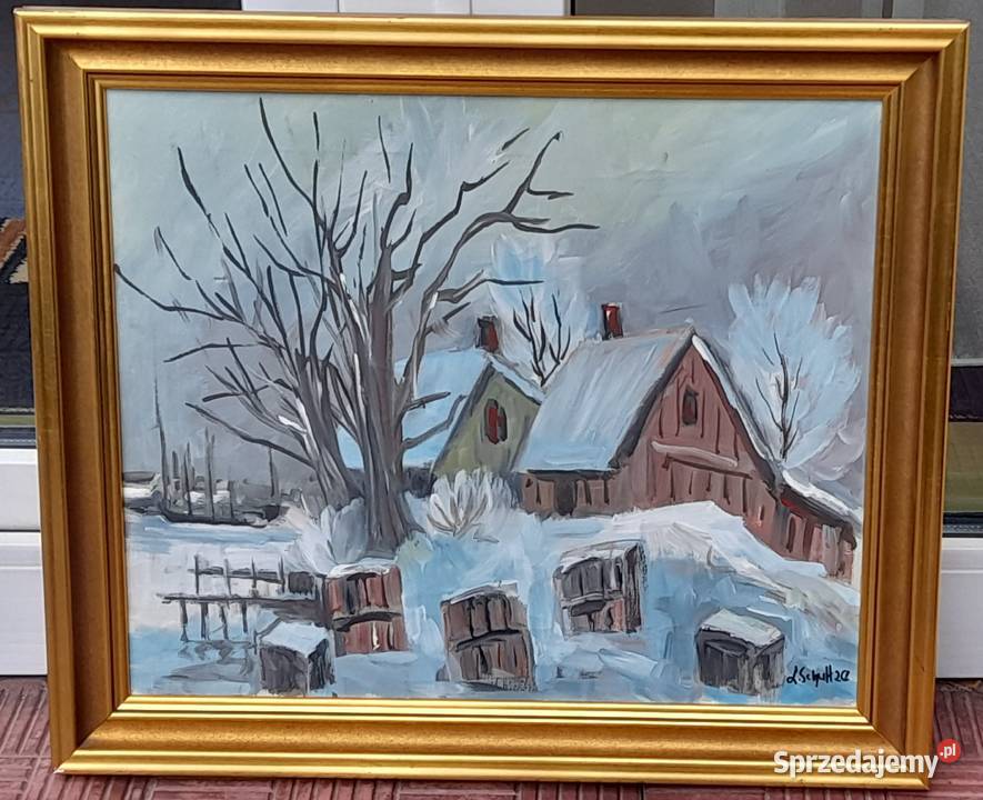 Zimowy pejzaż obraz olejny płótno złota rama mazowieckie Iłża