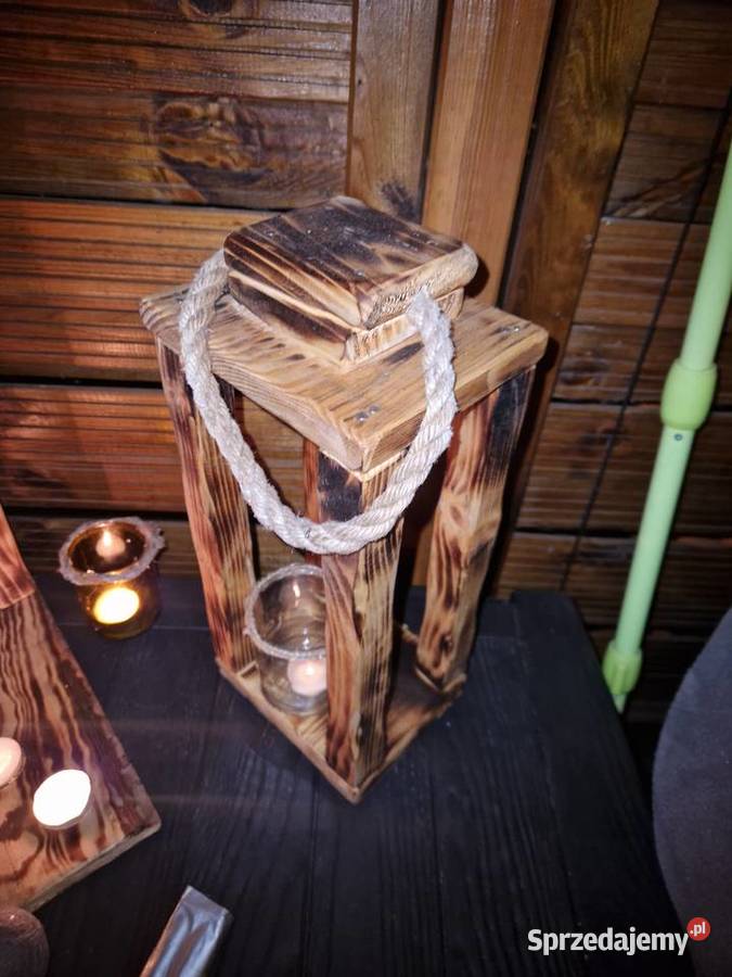 Rustykalny lampion z drewna z odzysku Handmade Pszów