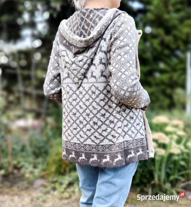 Sweter kardigan wełniany M 38 wełna beżowy wzór Szczecin