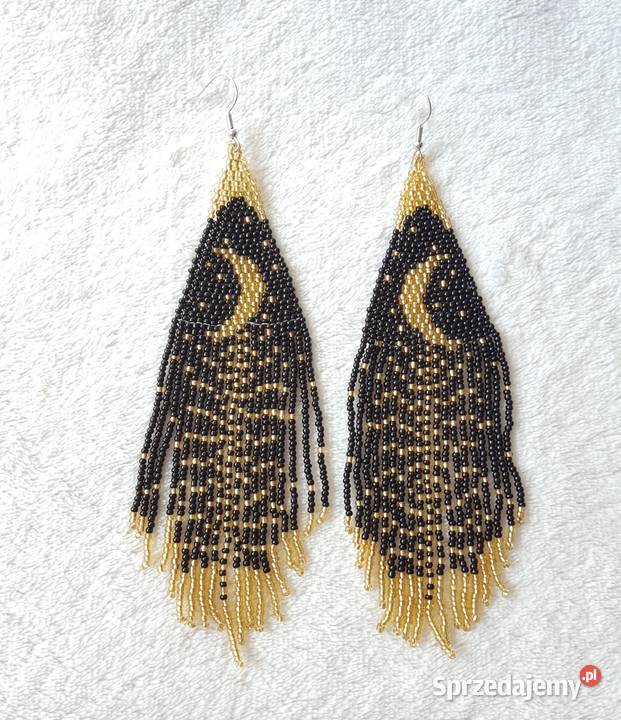 Długie kolczyki koralikowe czarne noc księżyc Szczecin