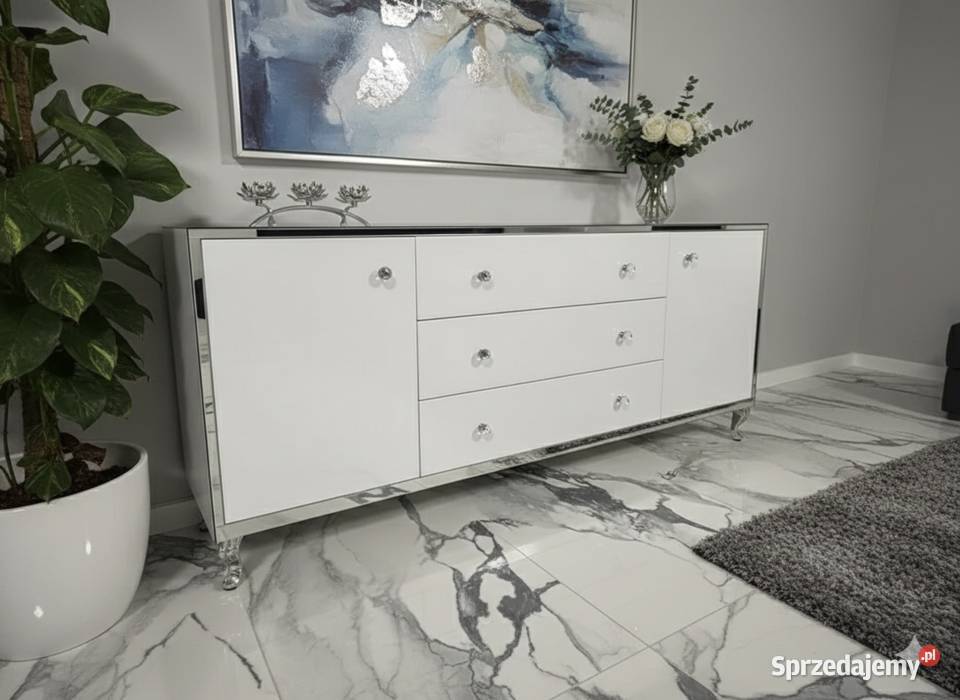 Ekskluzywna Komoda Lustrzana Glamour Białe Szkło Kępno