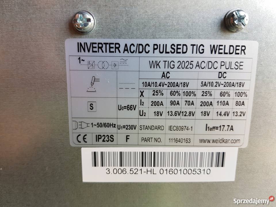TIG WELDKAR WK 2025 ACDC PULS 200A 4500 NETTO Zduny