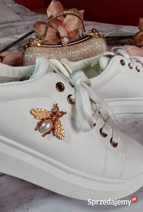 buty sportowe sneakers białe złote pszczółki Warszawa