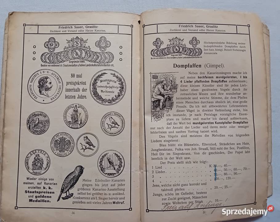 Katalog sprzedażowy kanarków harceńskich karmy Antyki, Sztuka, Kolekcje Koźminek sprzedam