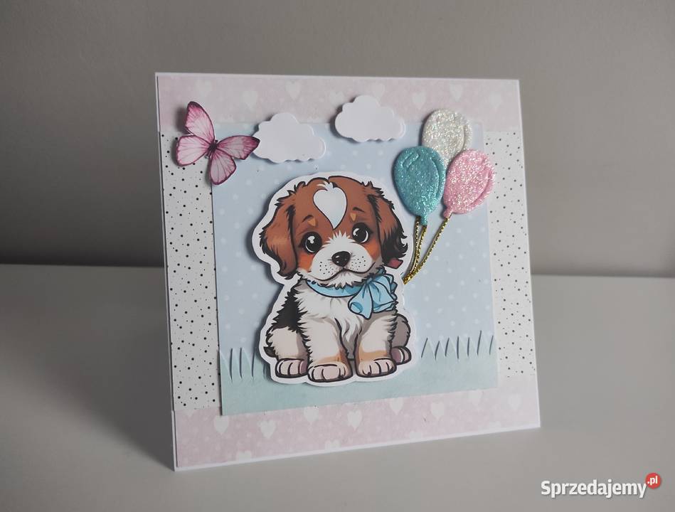 Kartka ręcznie robiona na urodziny z pieskiem Rękodzieło