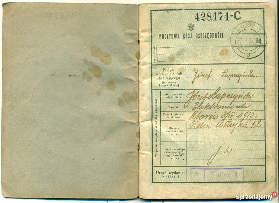 Książeczka wkładkowa PKO Kalisz 1 1932 428474C Ostrów Wielkopolski