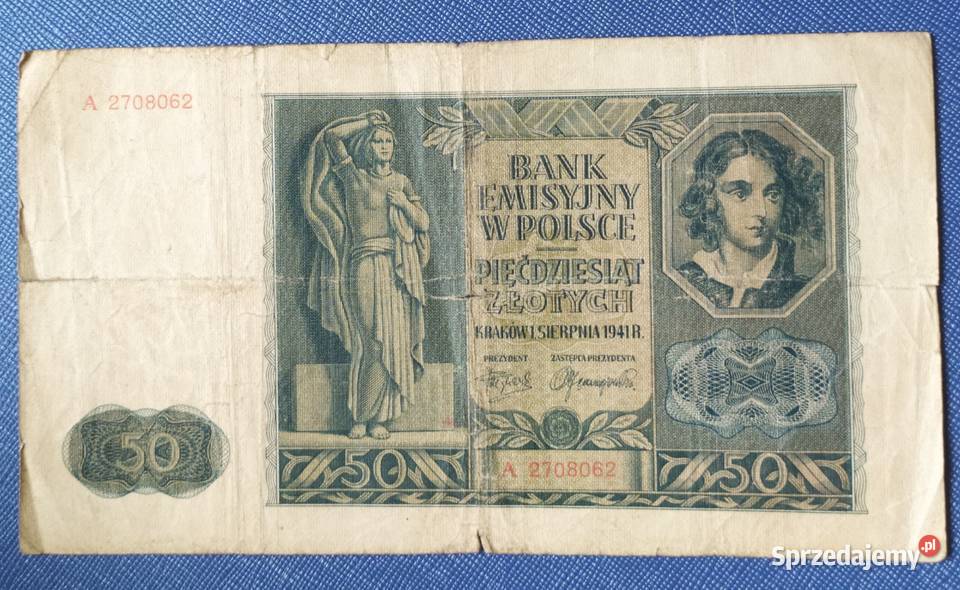 Banknot 50 złotych 1941 seria A małopolskie Kraków