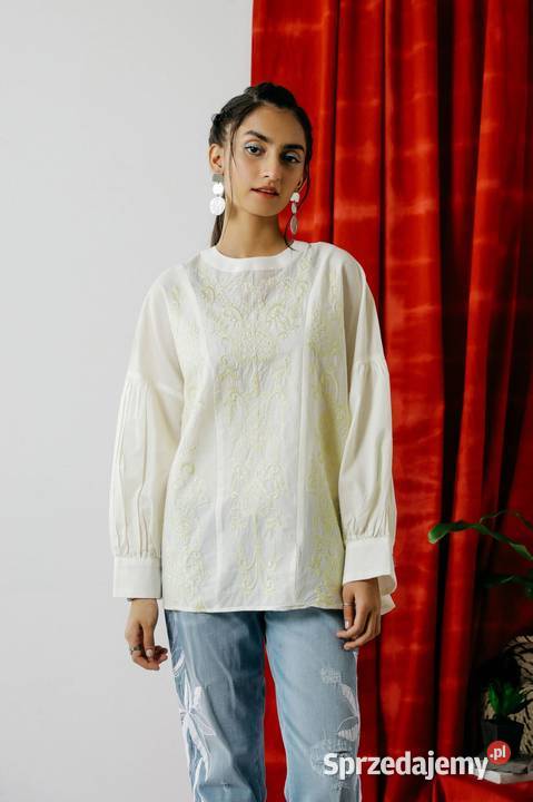 Biała bluzka oversize M 38 L 40 biała haft boho Bluzki i koszule Szczecin