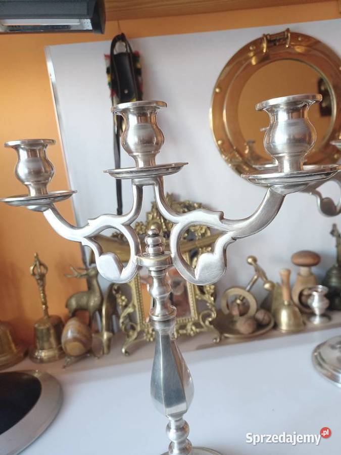 Piękny masywny platerowany świecznik mosiężny wielkopolskie